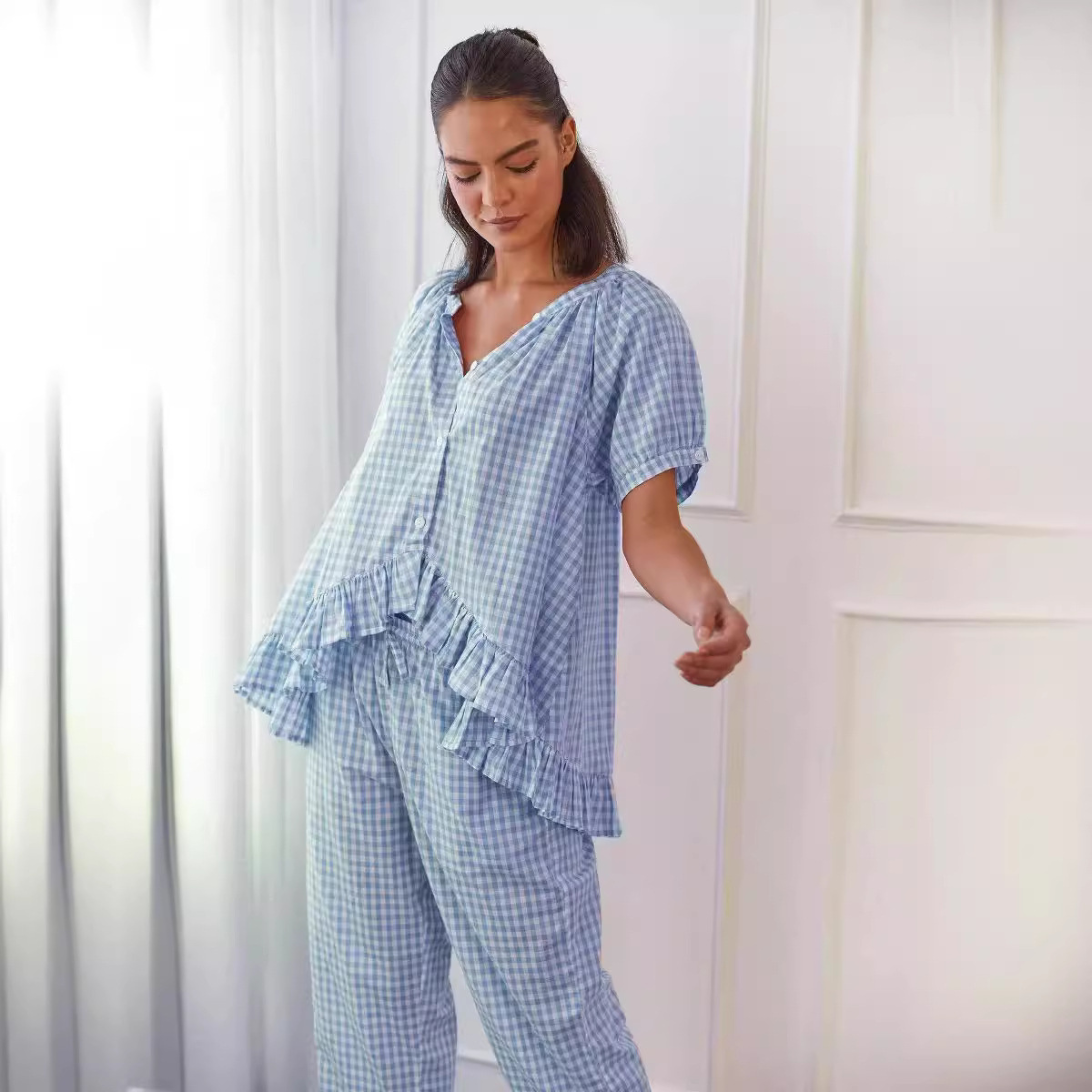 NEVERLAND™ - Set casual cu top și pantaloni în carouri, cu mâneci bufante