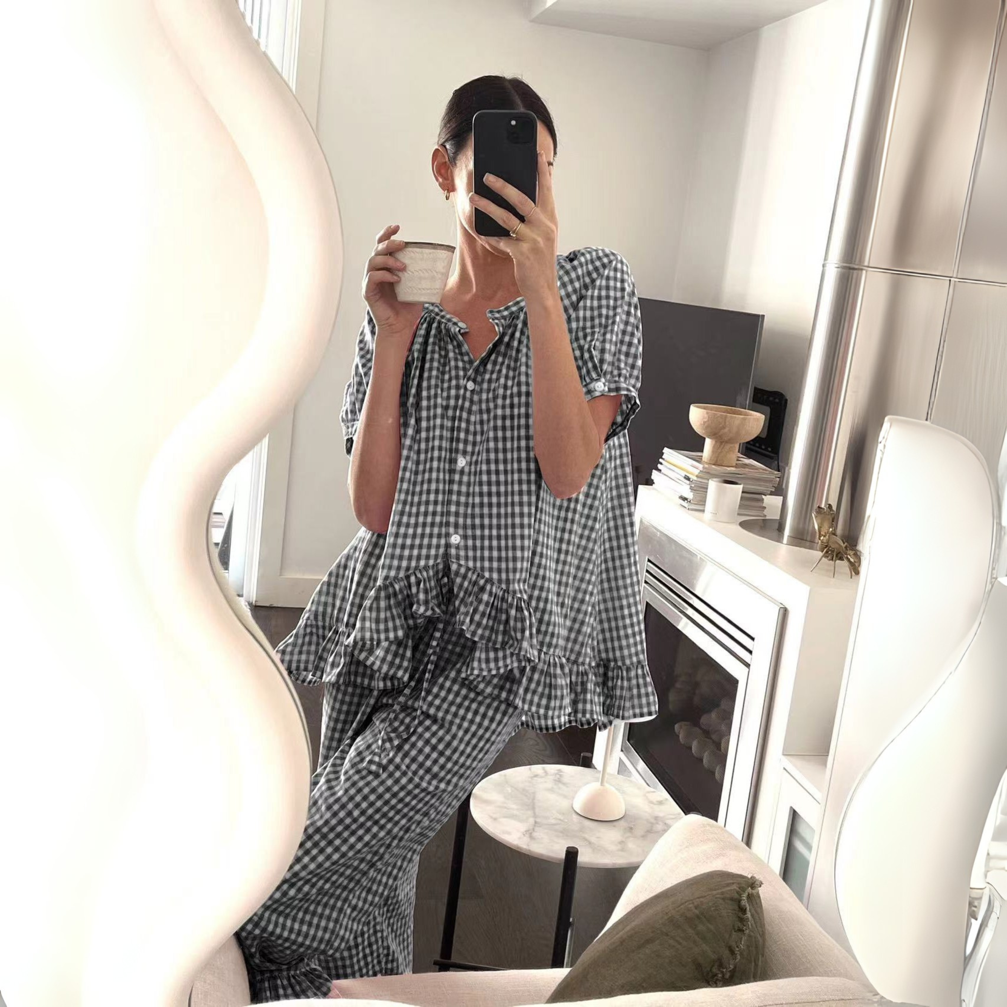 NEVERLAND™ - Set casual cu top și pantaloni în carouri, cu mâneci bufante