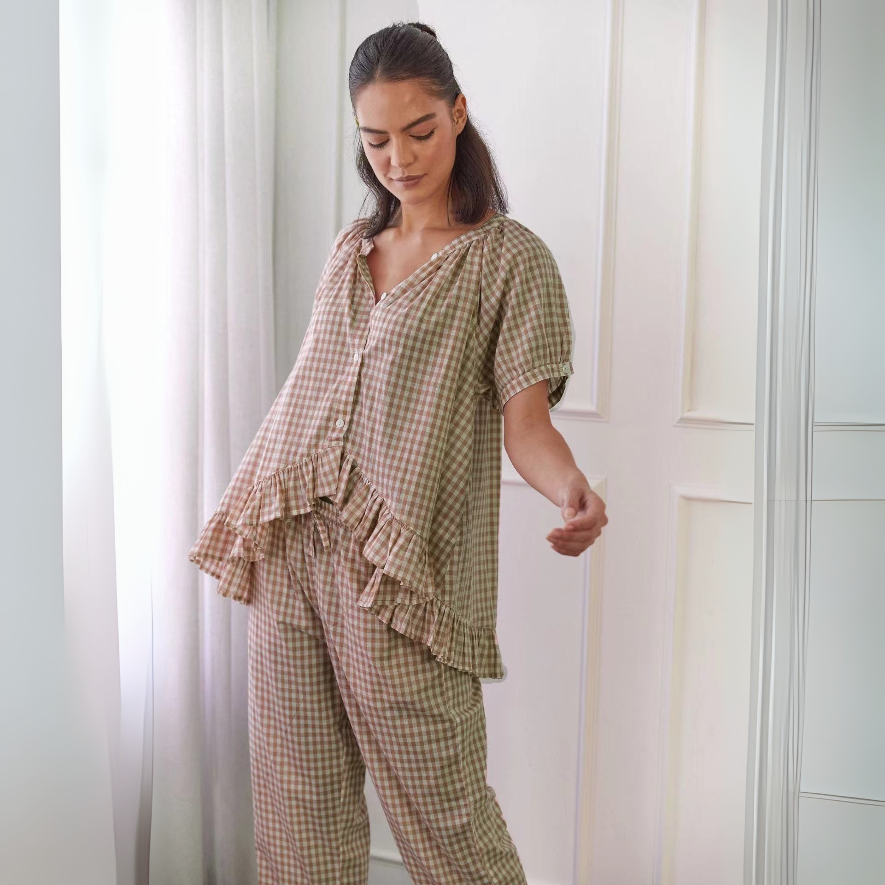 NEVERLAND™ - Set casual cu top și pantaloni în carouri, cu mâneci bufante