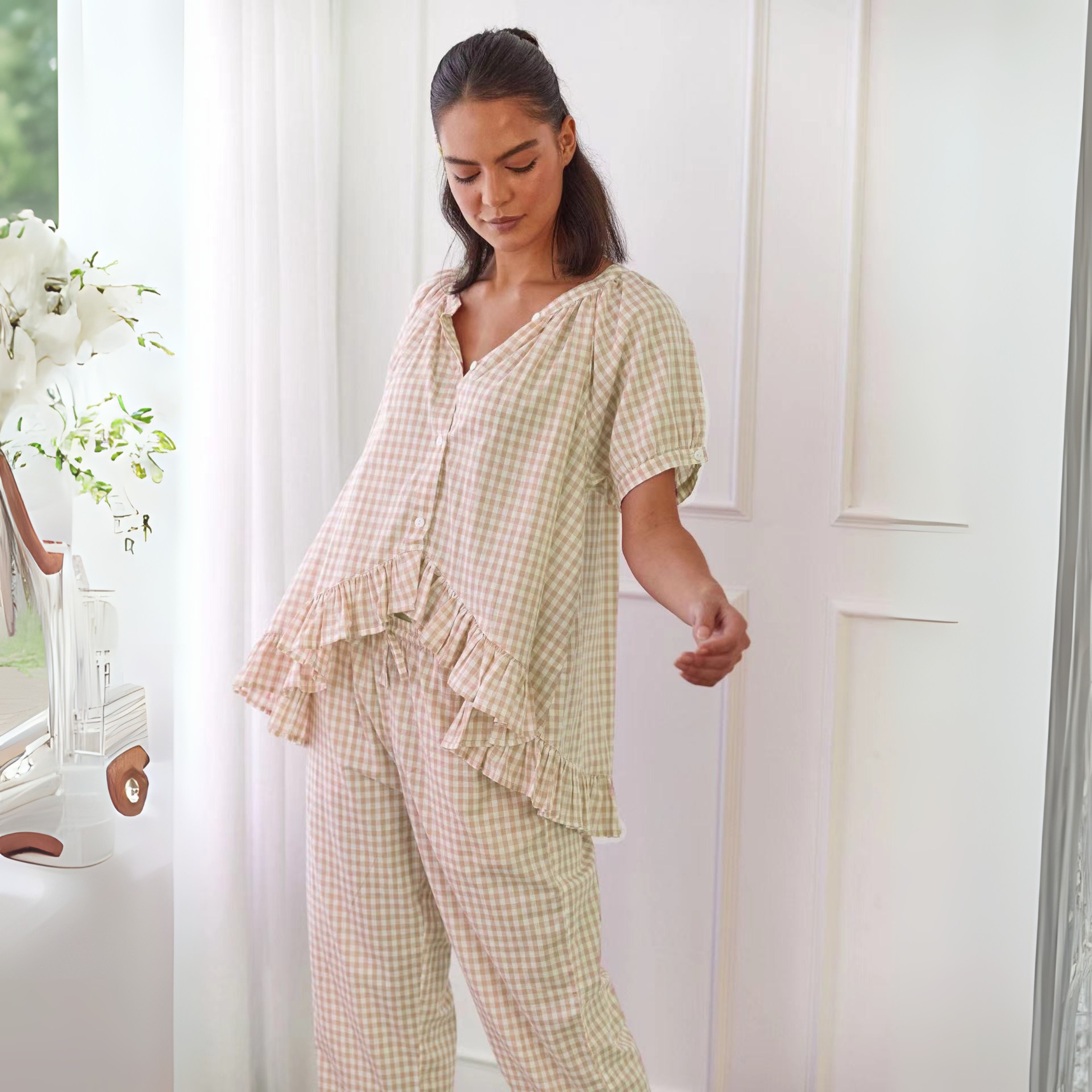 NEVERLAND™ - Set casual cu top și pantaloni în carouri, cu mâneci bufante