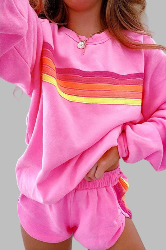 JOVIE™ - Set pijama confortabil cu top și pantaloni scurți, cu guler rotund și dungi