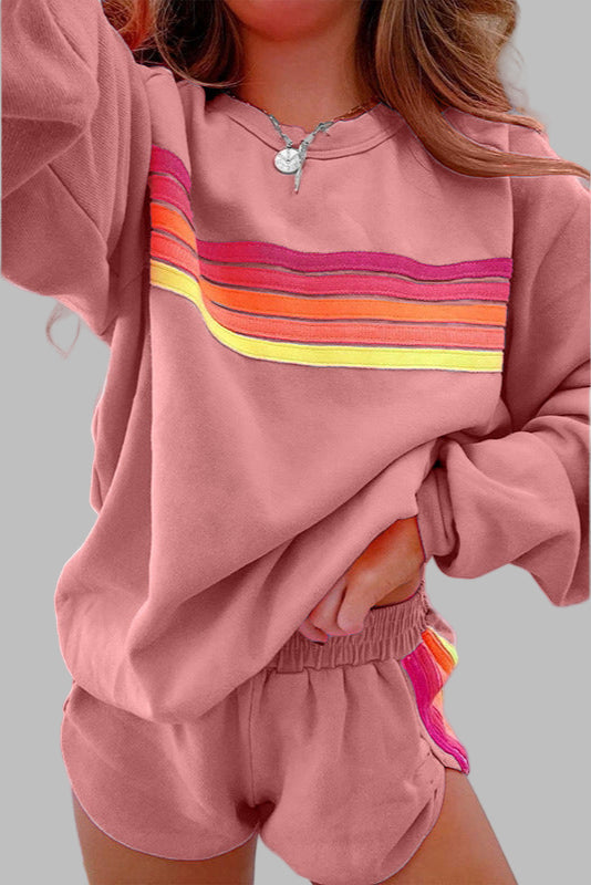 JOVIE™ - Set pijama confortabil cu top și pantaloni scurți, cu guler rotund și dungi