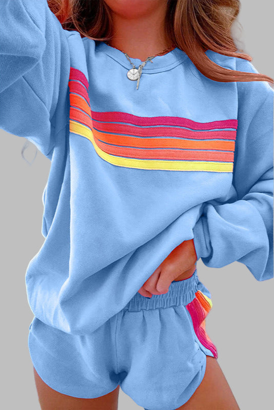 JOVIE™ - Set pijama confortabil cu top și pantaloni scurți, cu guler rotund și dungi